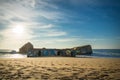 Capbreton, France - October 4, 2017: memorial symbol of war blockhouse with graffiti on scenic beautiful sandy beach