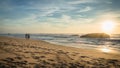 Capbreton, France - October 4, 2017: people enjoying warmth of scenic beautiful sunset seascape in capbreton