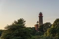 CAPE ARKONA, GERMANY, JULY 27, 2018: The two historic Lighthouses of Cape Arkona at sunset.