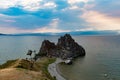 Cape Burhan and shaman Rock on Olkhon island of lake Baikal at s Royalty Free Stock Photo