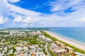 Cape Canaveral Beach with distant view of rocket launch complex. Visiting the beach is a great way to view the rocket launches Royalty Free Stock Photo