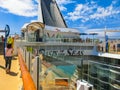 Cape Canaveral, USA - April 29, 2018: The passenger flying at zip line at cruise liner or ship Oasis of the Seas by Royalty Free Stock Photo