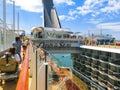 Cape Canaveral, USA - April 29, 2018: The passenger flying at zip line at cruise liner or ship Oasis of the Seas by Royalty Free Stock Photo