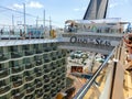 Cape Canaveral, USA - April 29, 2018: The passenger flying at zip line at cruise liner or ship Oasis of the Seas by Royalty Free Stock Photo