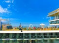 Cape Canaveral, USA - April 29, 2018: The passenger flying at zip line at cruise liner or ship Oasis of the Seas by Royalty Free Stock Photo