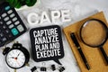 CAPE - Capture Analyze Plan And Execute acronym with calculator, alarm clock and magnifying glass, business concept background Royalty Free Stock Photo