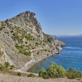 Cape Chiken, Blue Bay of the Black Sea near the village of Novy Svet, Crimean peninsula. Golitsin trail tourist route. Royalty Free Stock Photo