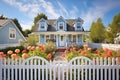 cape cod home with dormers behind a white picket fence with roses Royalty Free Stock Photo