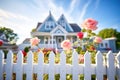 cape cod home with dormers behind a white picket fence with roses