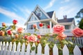 cape cod home with dormers behind a white picket fence with roses Royalty Free Stock Photo