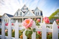 cape cod home with dormers behind a white picket fence with roses Royalty Free Stock Photo