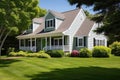 cape cod house with dormers, lush green surroundings