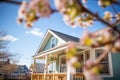 cape cod house with dormers viewed through springtime flowering branches