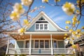 cape cod house with dormers viewed through springtime flowering branches