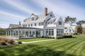 cape cod house exterior, with view of expansive lawn and gardens