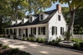 cape cod house exterior with white wooden siding and black shutters Royalty Free Stock Photo