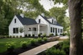 cape cod house exterior with white wooden siding and black shutters Royalty Free Stock Photo