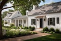 cape cod house exterior with white wooden siding and black shutters Royalty Free Stock Photo