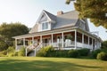 cape cod house with wraparound porch and rocking chairs Royalty Free Stock Photo