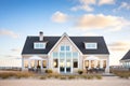 cape cod style with dormers on a beach dune with ocean in the background Royalty Free Stock Photo