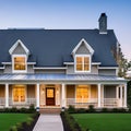 A Cape Cod-style home with a symmetrical facade, a central chimney, and a gabled roof1, Generative AI