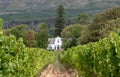 Cape Dutch style building at Groot Constantia, Cape Town, South Africa, with vineyard in  foreground and mountains in background Royalty Free Stock Photo