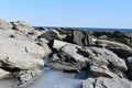 Cape Elizabeth`s rocky and partially frozen shoreline on Cape Elizabeth, Cumberland County, Maine, New England Lighthouse, US