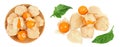 Cape gooseberry or physalis in wooden bowl isolated on white background wit full depth of field. Top view. Flat lay Royalty Free Stock Photo