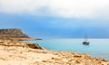 Cape Greco panorama with blue sea and yacht in the foreground, A Royalty Free Stock Photo