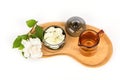Cape jasmine or Gardenia jasminoides flowers and tea isolated on white background Royalty Free Stock Photo