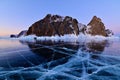 Cape Khoboy with Cracked Blue Ice of Lake Baikal at Twilight