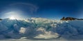 Cape Khoboy, a woman stands in the transparent blue hummocks, Baikal. Olkhon Island. spherical 360vr panorama