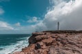 Cape Nelson lighthouse standing on a rugged cliff above ocean under stormy skies. Victoria, Australia.