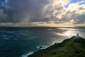 Tropical storm ocean cyclone clouds above the Pacific Ocean, dramatic seascape with Cape Reinga Lighthouse landmark in New Zealand Royalty Free Stock Photo