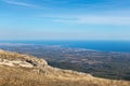 Cape of Salou and the surrounding pictured from above, touristic area in summer time by the Mediterranean sea. Tarragona, Royalty Free Stock Photo