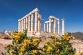 Cape Sounion with ruins of an ancient Greek temple of Poseidon in Attica, Greece