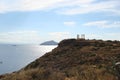 Cape Sounion of the southern part of mainland Greece. 06. 20. 2014. Marine landscape and landscape of the desert vegetation of the Royalty Free Stock Photo