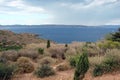 Cape Sounion of the southern part of mainland Greece. 06. 20. 2014. Marine landscape and landscape of the desert vegetation of the