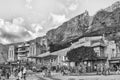 Queues at the lower cable station at Table mountain. Monochrome