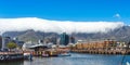 Cape Town, South Africa - January 29, 2020: Table Mountain at the Victoria & Alfred Waterfront. Copy space for text Royalty Free Stock Photo