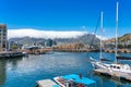 Cape Town, South Africa - January 29, 2020: Table Mountain at the Victoria & Alfred Waterfront. Copy space for text Royalty Free Stock Photo