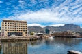 Cape Town, South Africa - January 29, 2020: Table Mountain at the Victoria & Alfred Waterfront. Copy space for text Royalty Free Stock Photo