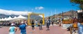 Cape Town, South Africa - January 29, 2020: Yellow frame for making photos of Table Mountain at Cape Town waterfront. Copy space Royalty Free Stock Photo