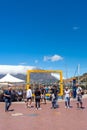 Cape Town, South Africa - January 29, 2020: Yellow frame for making photos of Table Mountain at Cape Town waterfront. Vertical. Royalty Free Stock Photo