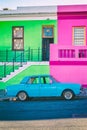 Bo Kaap colorful houses and blue retro car in Cape Town Royalty Free Stock Photo