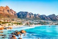 Cape Town Sunset over Camps Bay Beach with Table Mountain and Twelve Apostles in the Background Royalty Free Stock Photo