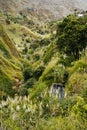 Cape Verde. Landscape of vegetation and mountains and some local dwellings of the Paul Valley. Cultivated sugarcane Royalty Free Stock Photo