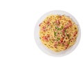 Capellini pasta and sauce with bacon. top view. isolated Royalty Free Stock Photo