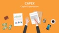 Capex capital expenditure illustration with business man working on paper document