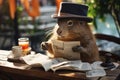 Capibara in hat is reading the newspaper